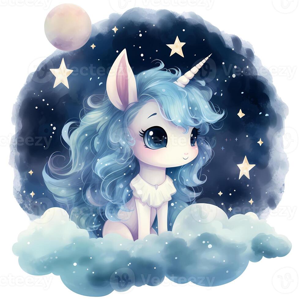 un' carino unicorno guardando su a il stellato cielo e un' tranquillo Luna acquerello illustrazione, ai generativo foto