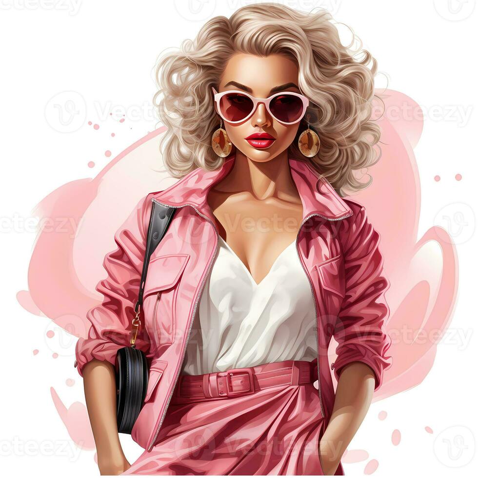 Barbie moda, bellissimo bionda donna nel un' ritratto indossare un' rosa di moda attrezzatura ai generativo foto