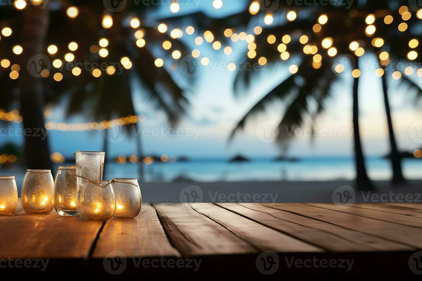 legna tavolo superiore su sfocatura spiaggia festa notte sfondo ai generativo foto