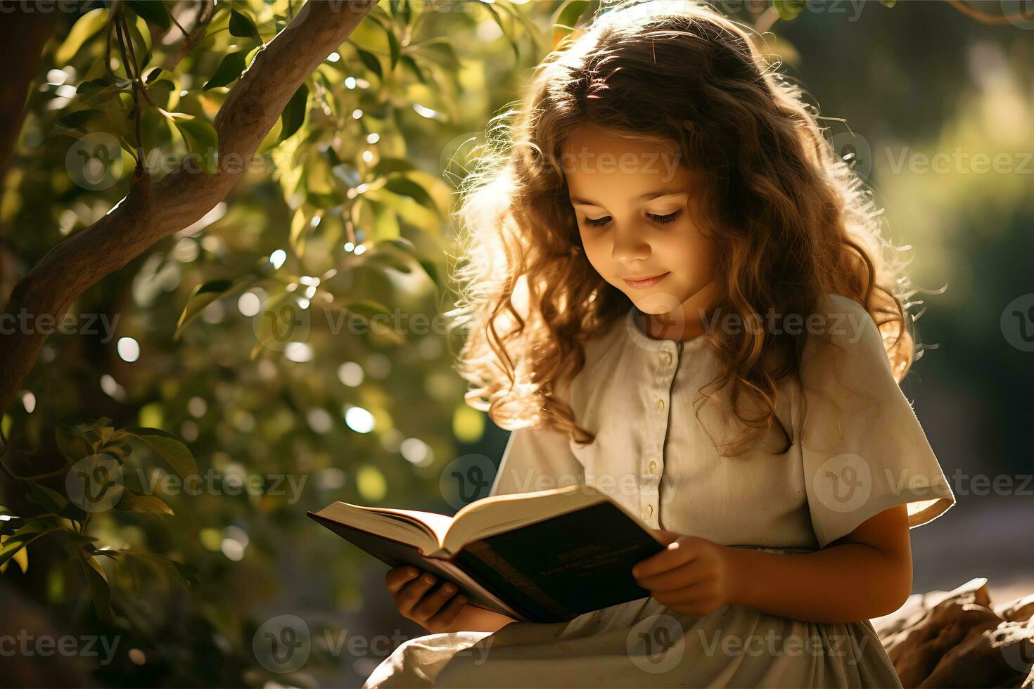 un' bambino è lettura un' libro nel autunno parco. carino bambini avendo divertimento all'aperto ai generativo foto