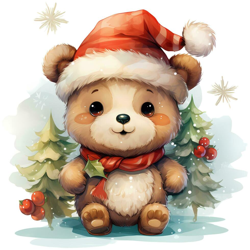 carino orsacchiotto orso nel un' Santa Claus cappello con un' regalo e un' Natale albero ai generativo foto