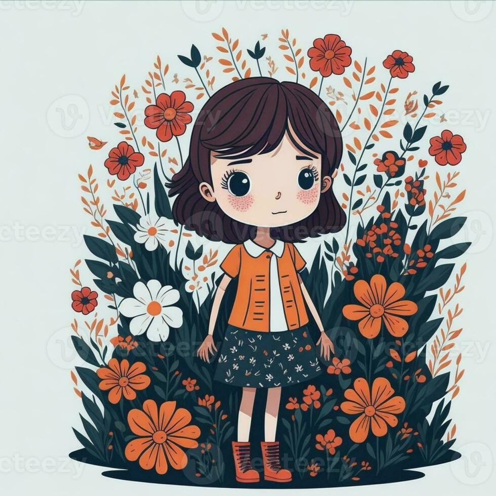 un' poco ragazza con fiore nel giardino foto