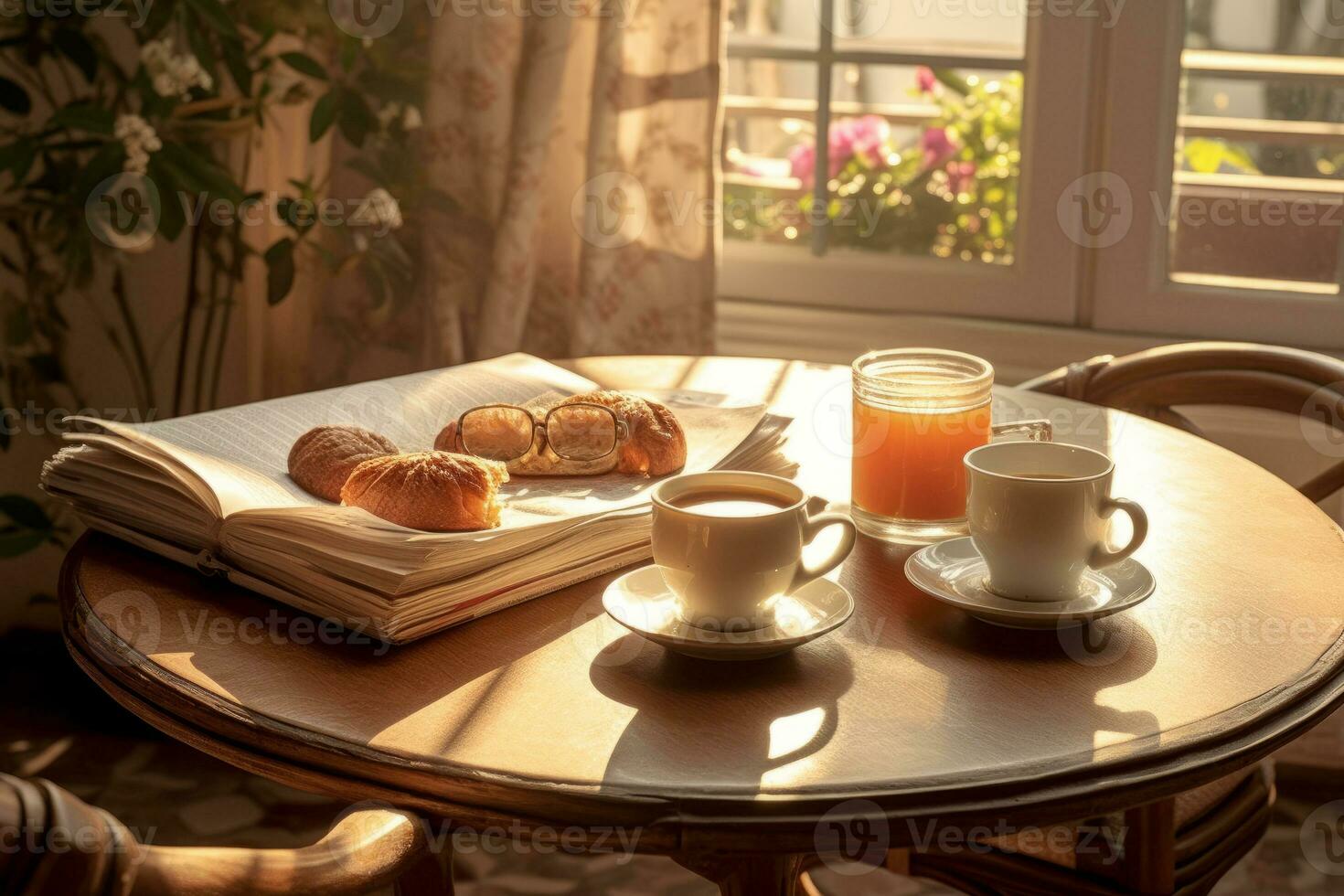 mattina caffè e giornale su un' accogliente prima colazione tavolo. foto