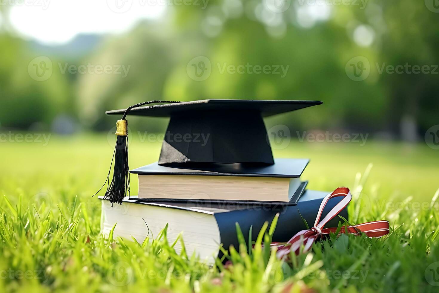 la laurea berretto su il superiore libri. contento momento nel educativo situazione. ai generato foto