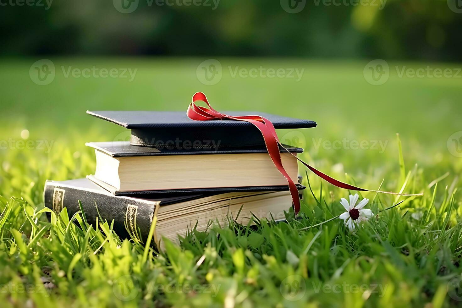 la laurea berretto su il superiore libri. contento momento nel educativo situazione. ai generato foto