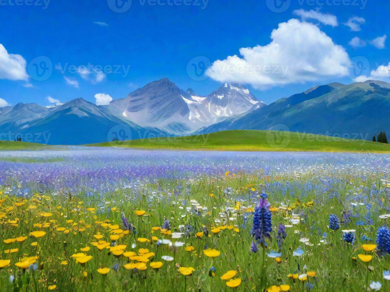 il prato di fiori e montagne ai generato foto