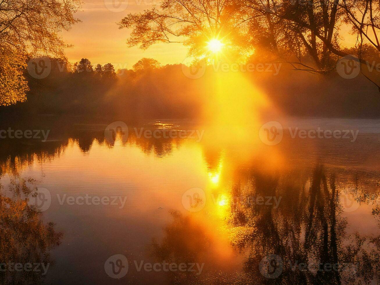 il sole sorge al di sopra di un' fiume nel il mattina ai generato foto