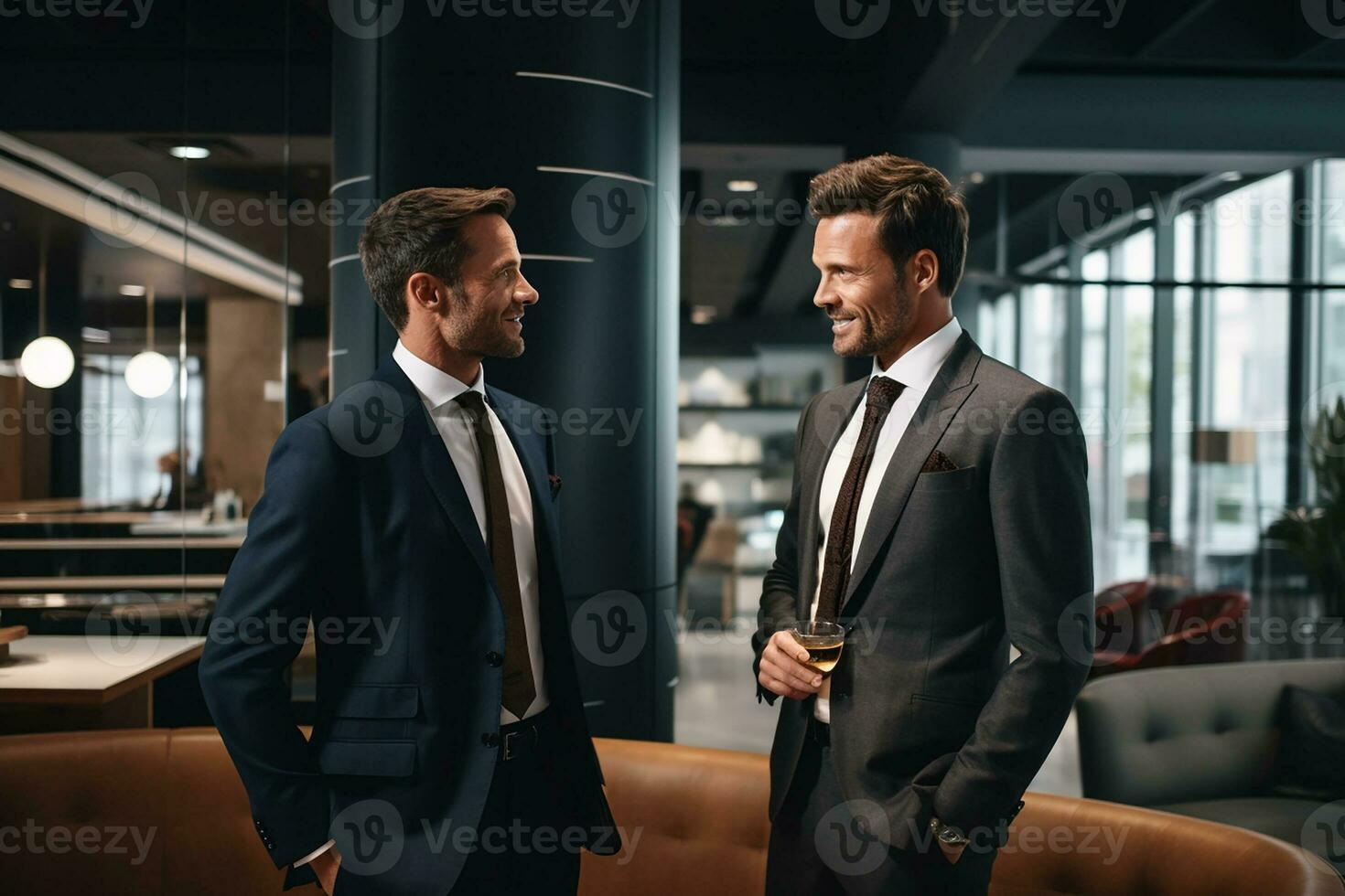 foto Due uomo d'affari nel un' completo da uomo è parlando e sorridente nel il ufficio camera. generativo ai