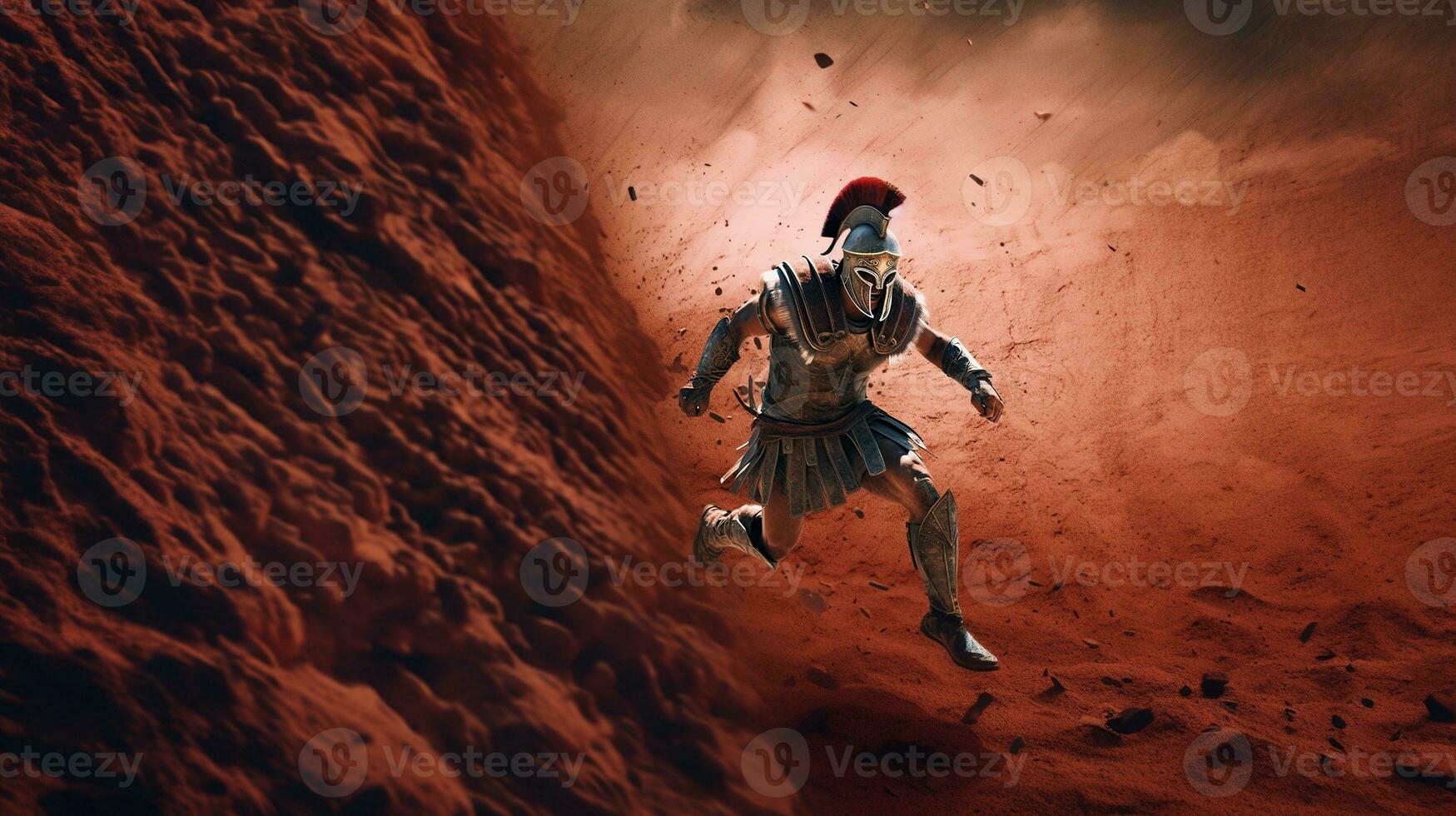 generativo ai, realistico illustrazione di un' feroce Gladiatore attaccare, in esecuzione. blindato romano Gladiatore nel combattere maneggiando un' spada ricarica in direzione il suo nemico. foto