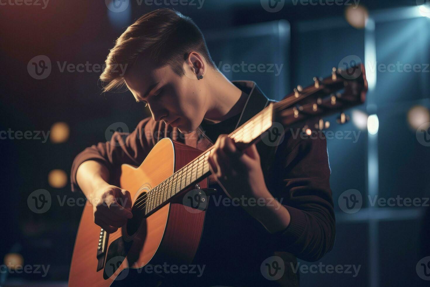 uomo giocare chitarra. creare ai foto