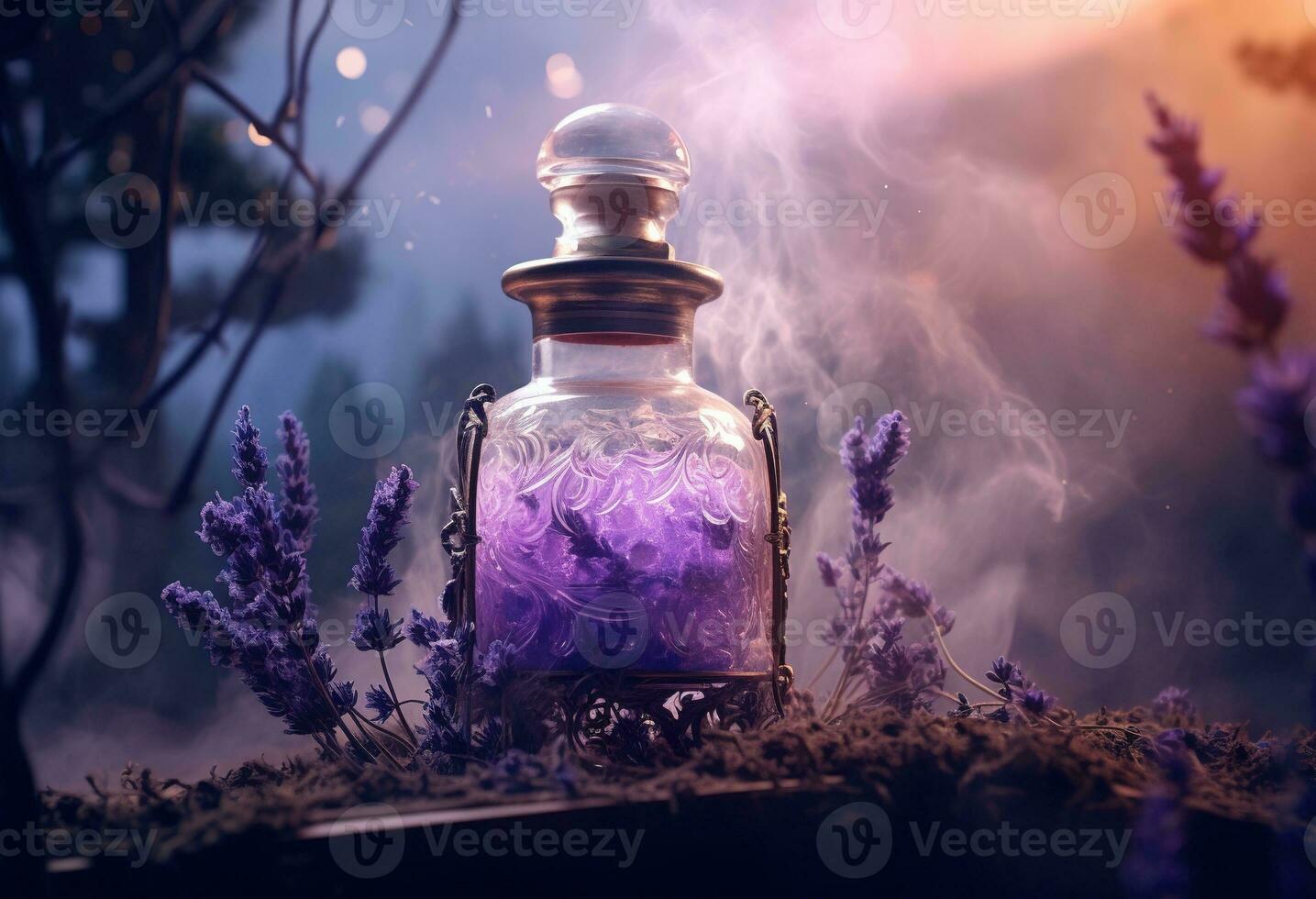 generativo ai, un' bottiglia di essenziale olio con fresco lavanda ramoscelli con Fumo su buio sfondo, erbaceo olio e fiori foto