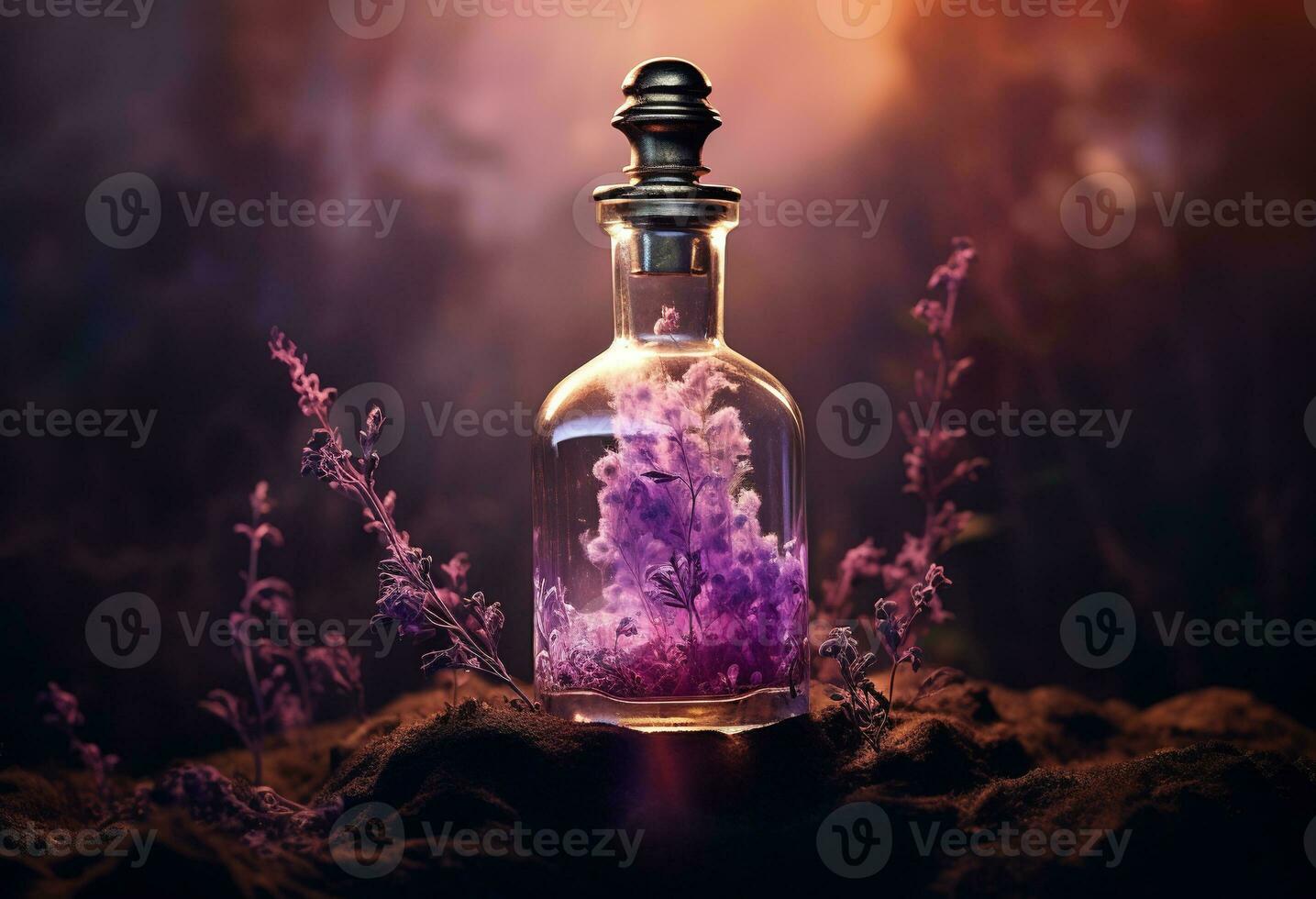 generativo ai, un' bottiglia di essenziale olio con fresco lavanda ramoscelli con Fumo su buio sfondo, erbaceo olio e fiori foto