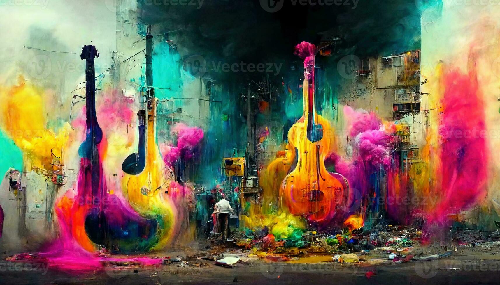 generativo ai, strada arte con chiavi e musicale strumenti sagome. inchiostro colorato graffiti arte con fuso dipingere foto