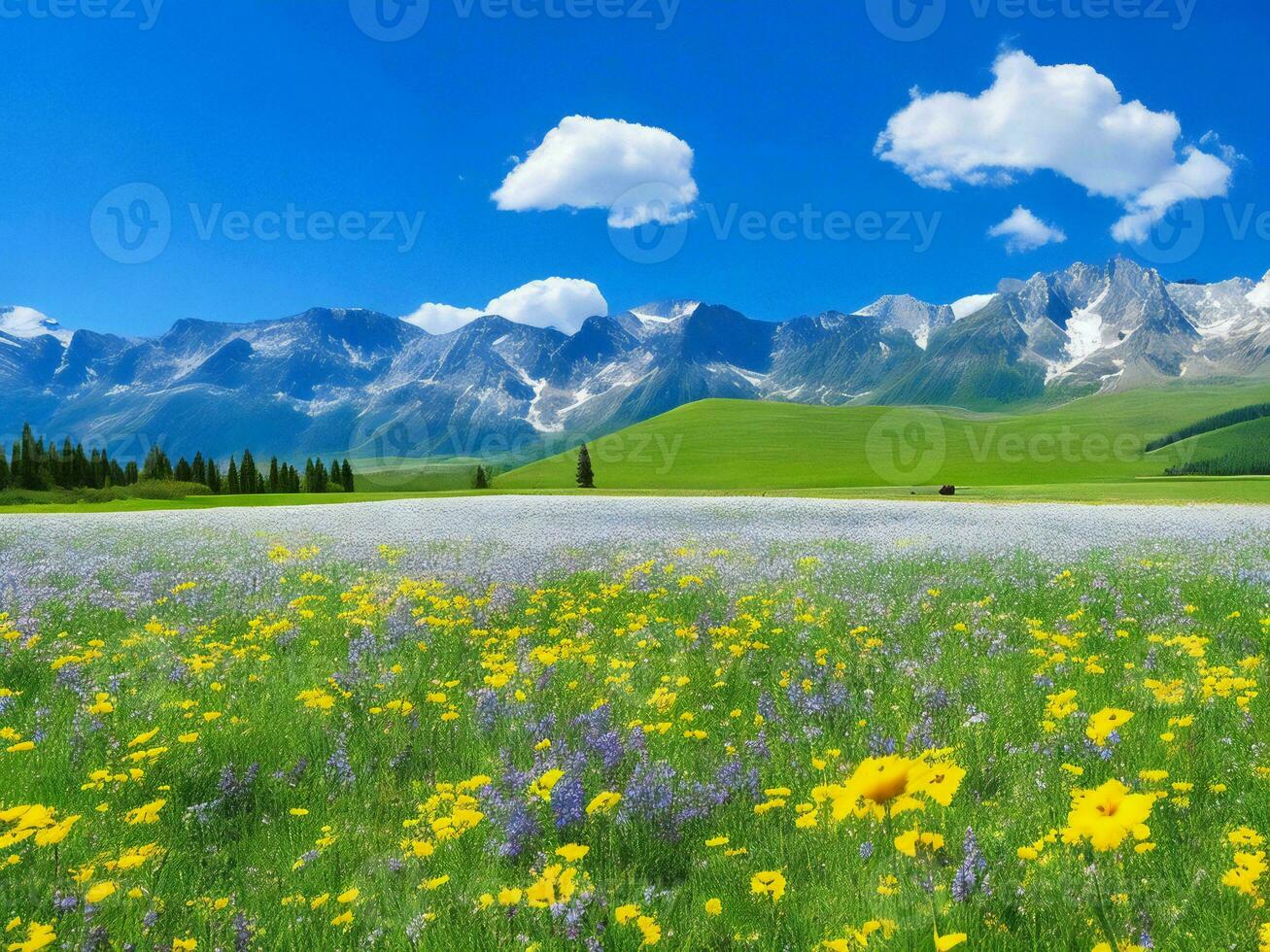 fiori selvatici nel un' prato con montagne nel il sfondo ai generato foto