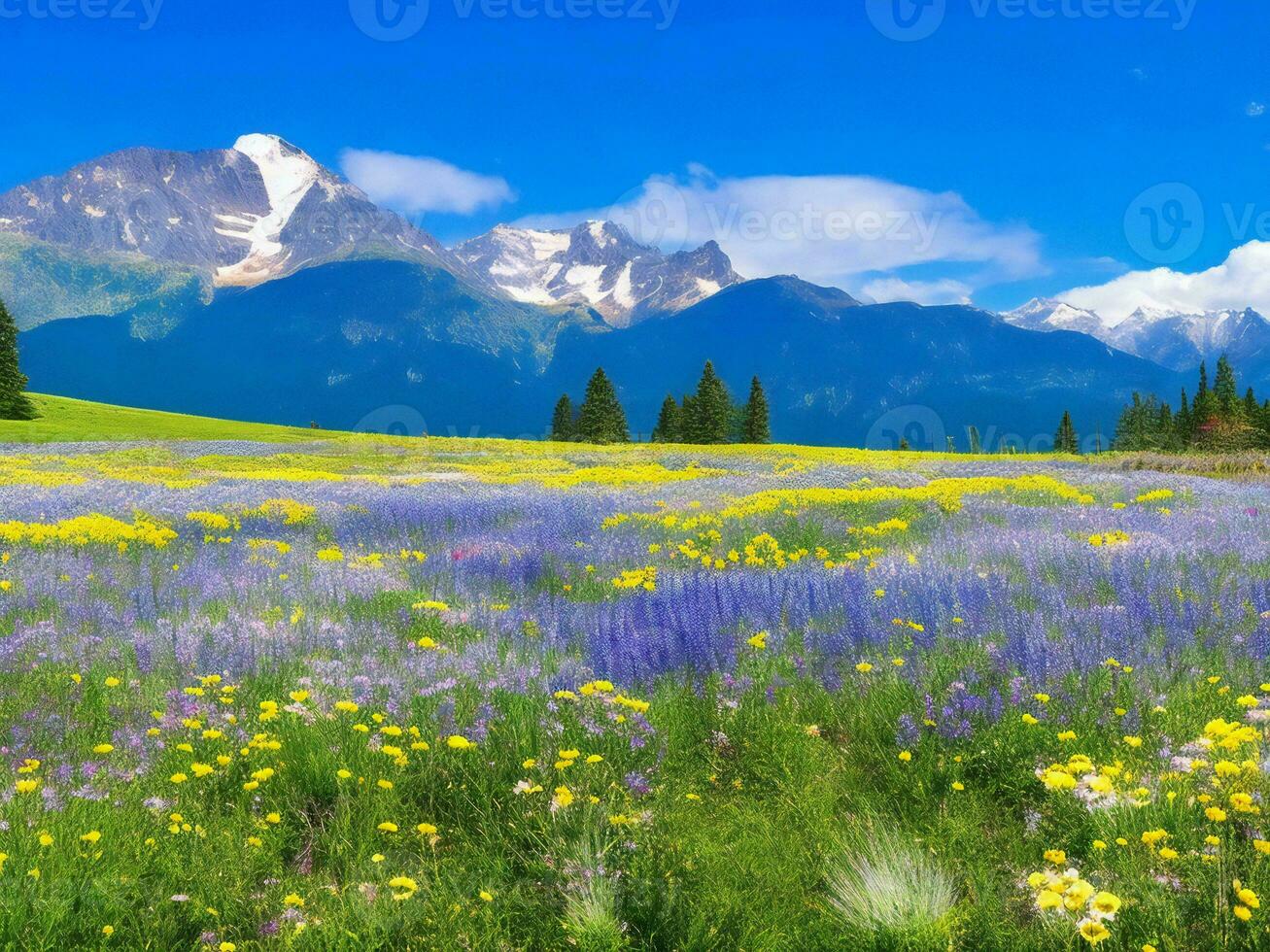 fiori selvatici nel un' prato con montagne nel il sfondo ai generato foto