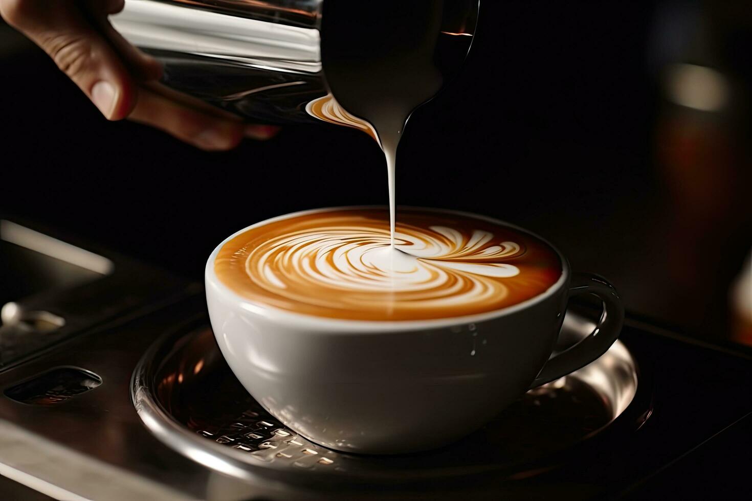 barista scrosciante latte nel un' tazza di latte macchiato arte caffè. barista scrosciante latte in un' tazza di latte macchiato arte caffè. un' caffè tazza nel un' vicino su, tenuto di un' baristi mano e scrosciante caffè, ai generato foto