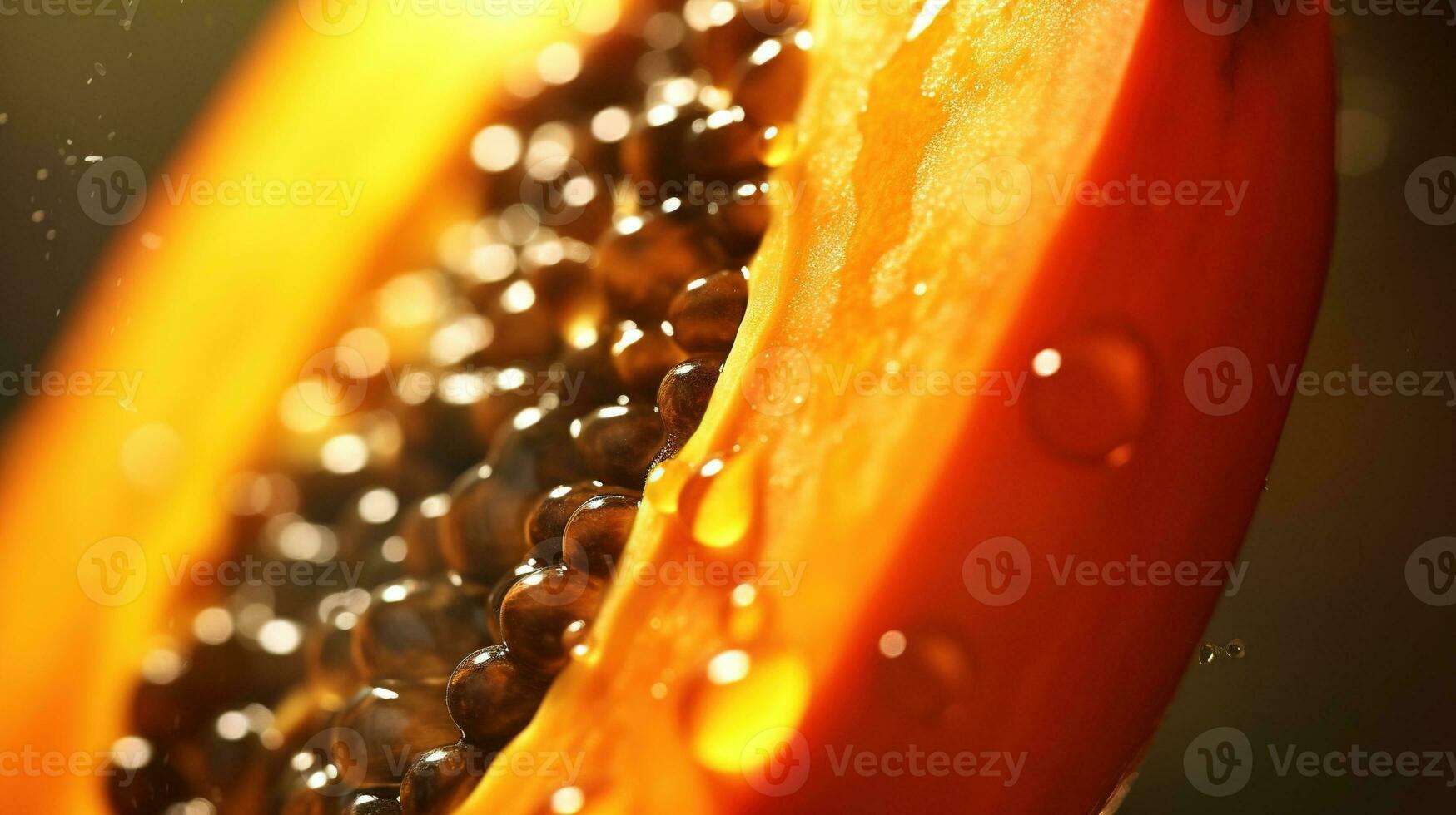 generativo ai, macro fresco metà di papaia frutta sfondo. tropicale esotico avvicinamento foto con gocce