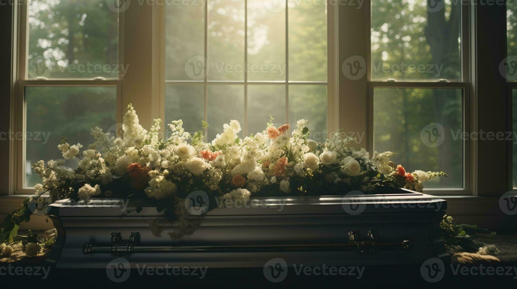 generativo ai, fiori su un' bara nel il funerale o sepoltura Servizi a cimitero, cofanetto con fiori foto