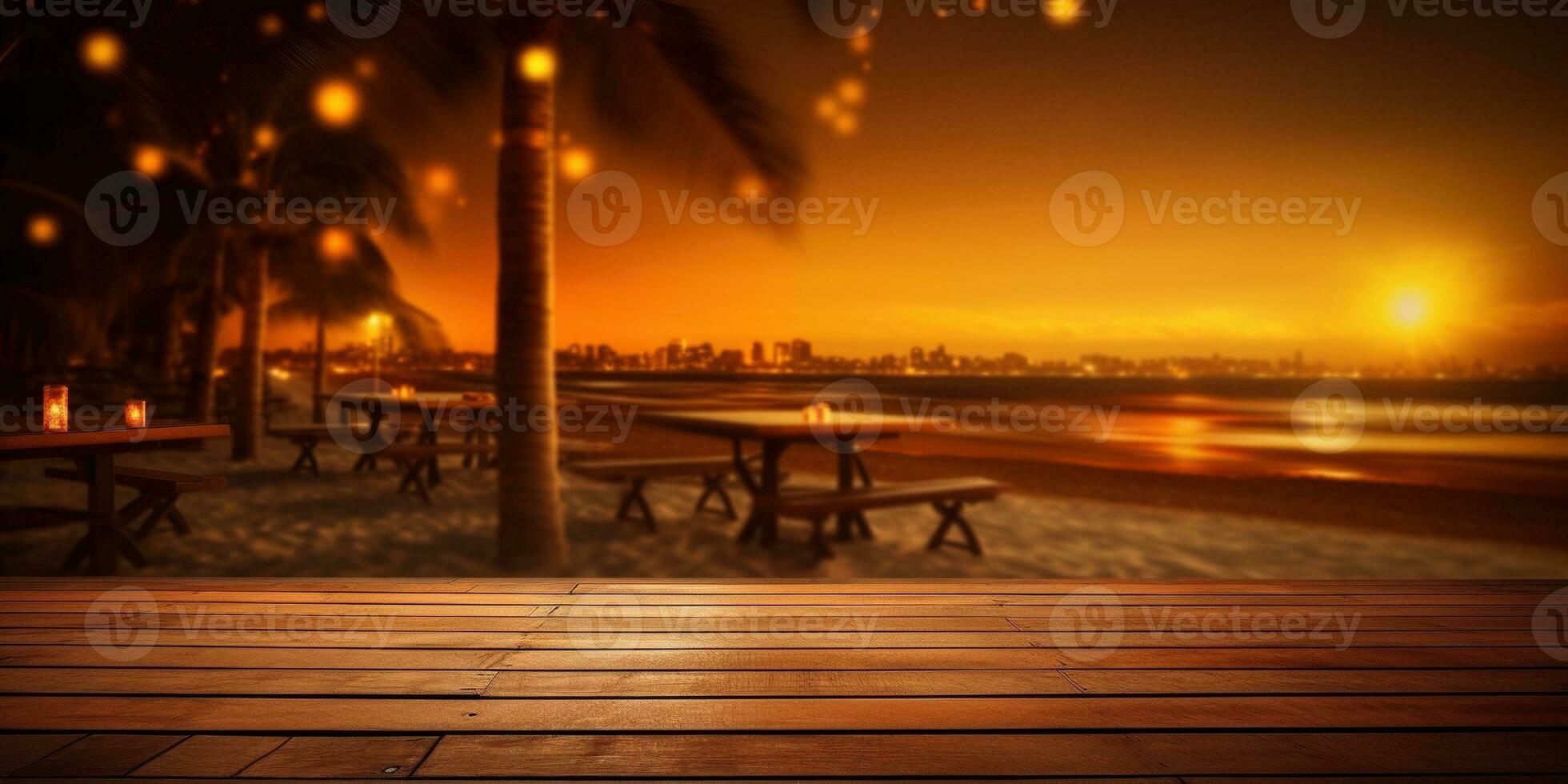 generativo ai, tropicale estate tramonto spiaggia bar sfondo. di legno tavolo superiore Prodotto Schermo vetrina vuoto palcoscenico. foto