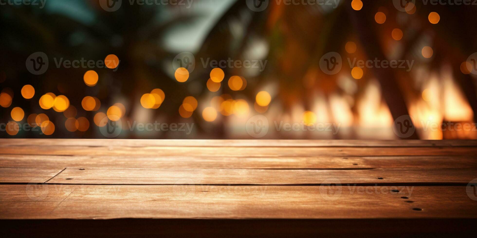 generativo ai, tropicale estate tramonto spiaggia bar sfondo. di legno tavolo superiore Prodotto Schermo vetrina vuoto palcoscenico. foto