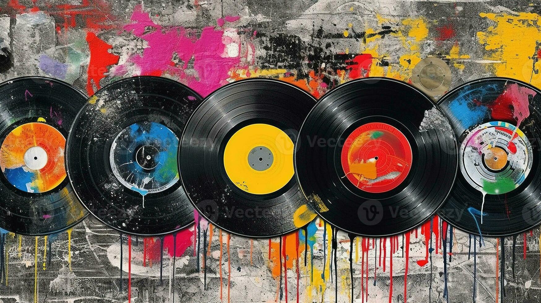 generativo ai, grunge vinile record, pop arte graffiti, vivace colore. inchiostro fuso dipingere strada arte su un' strutturato carta Vintage ▾ sfondo foto