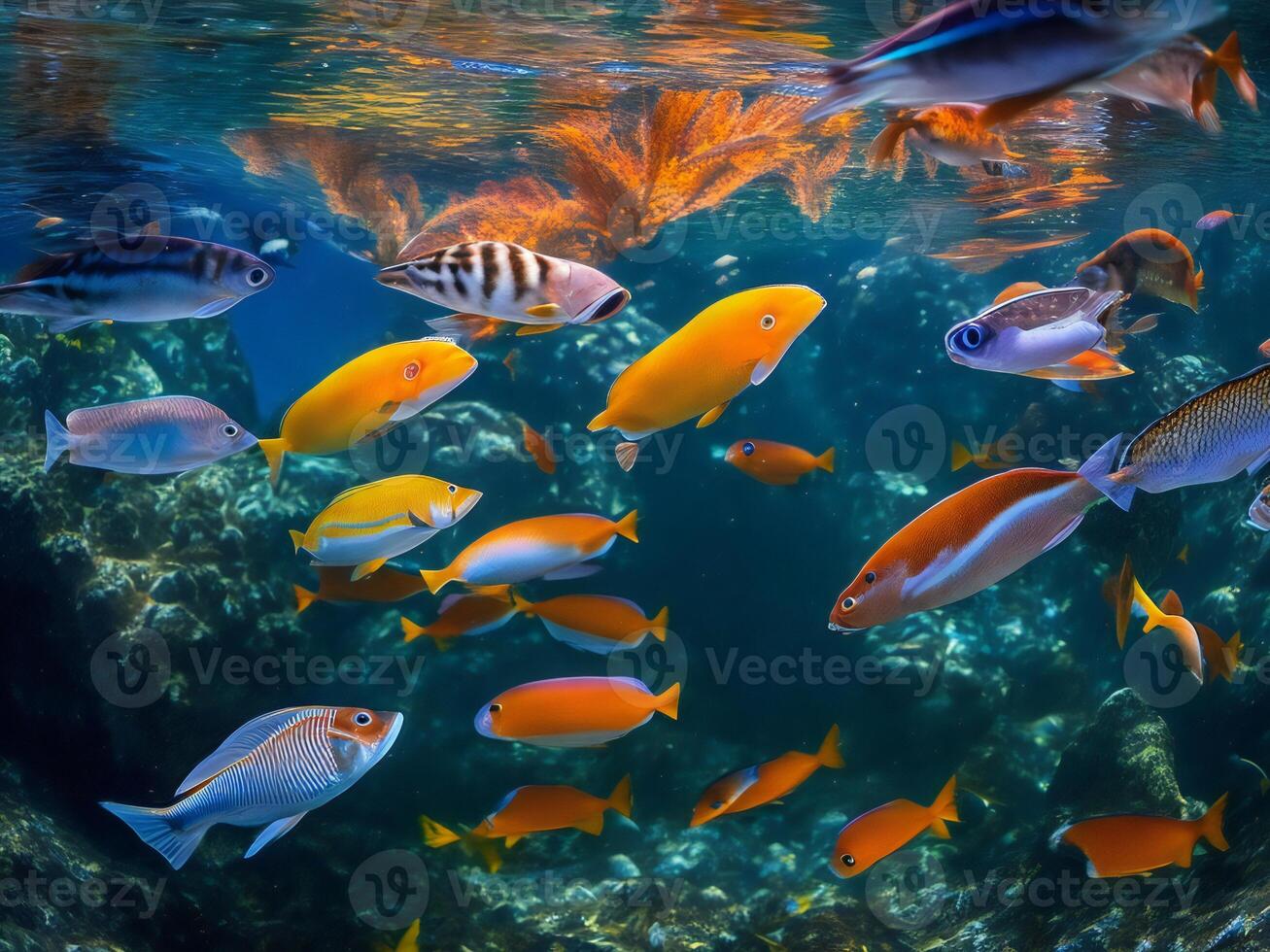 un' gruppo di pesce nuoto nel il oceano ai generato foto