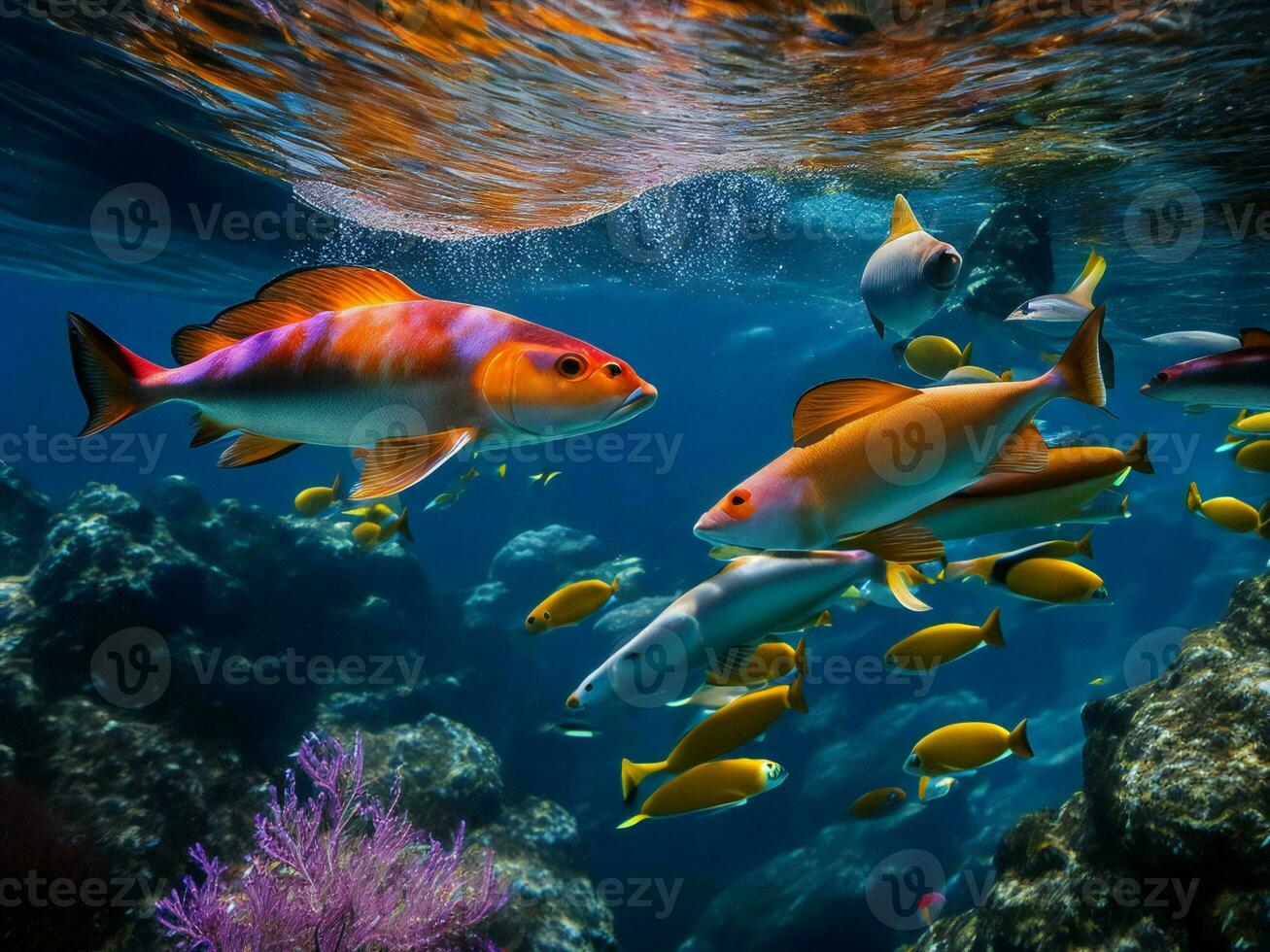 un' gruppo di pesce nuoto nel il oceano ai generato foto