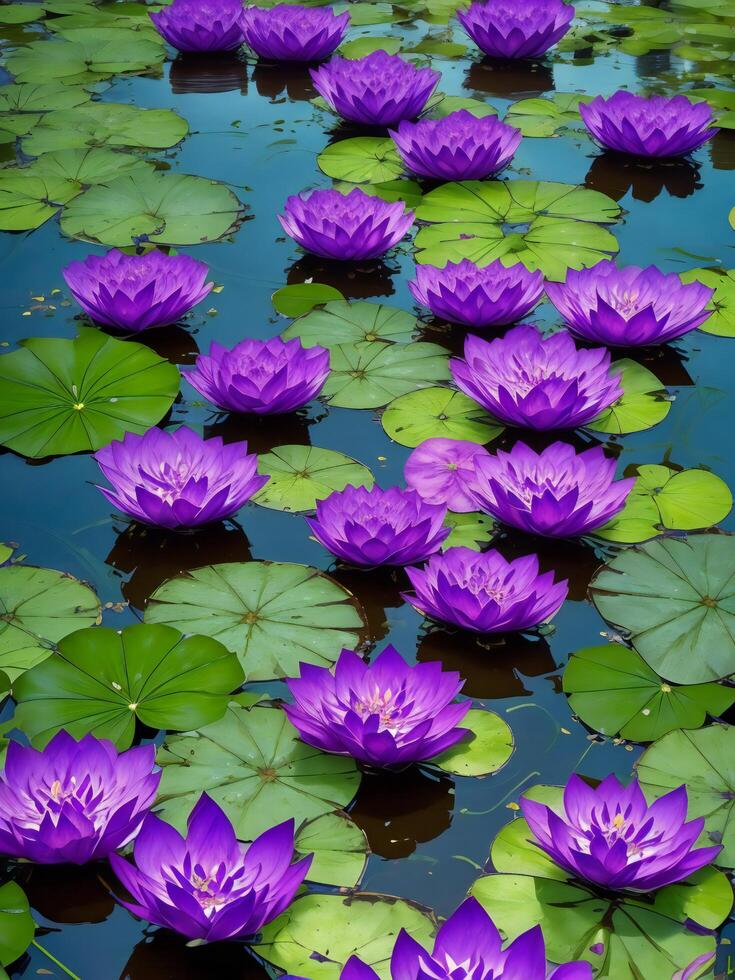 Due viola fiori di loto galleggiante nel un' stagno con verde le foglie ai generato foto