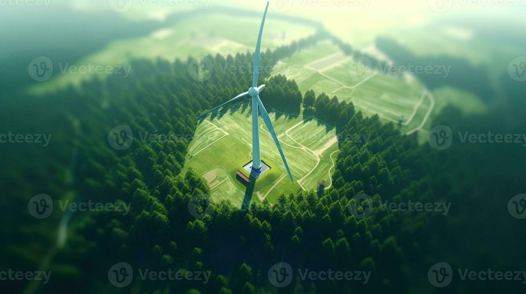 generativo ai, vento turbine nel un' campo, verde azienda agricola paesaggio. l'ambiente eco-friendly energia generazione. rinnovabile energia fonte. foto