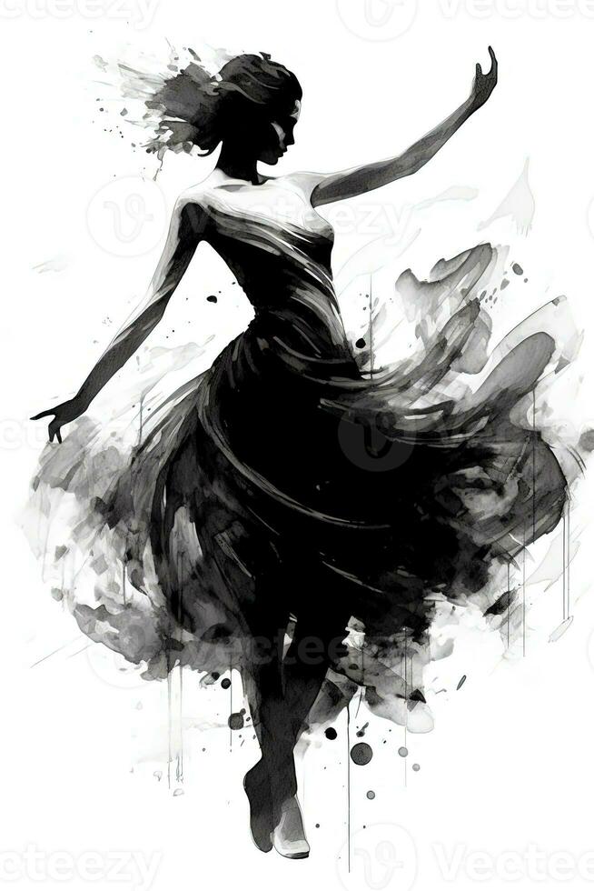 generativo ai, bellissimo danza donna disegnato di nero inchiostro o acquerello. mano dipingere nero e bianca moda schizzo. foto
