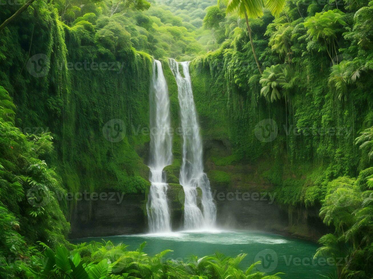 un' cascata circondato di lussureggiante verde vegetazione ai generato foto