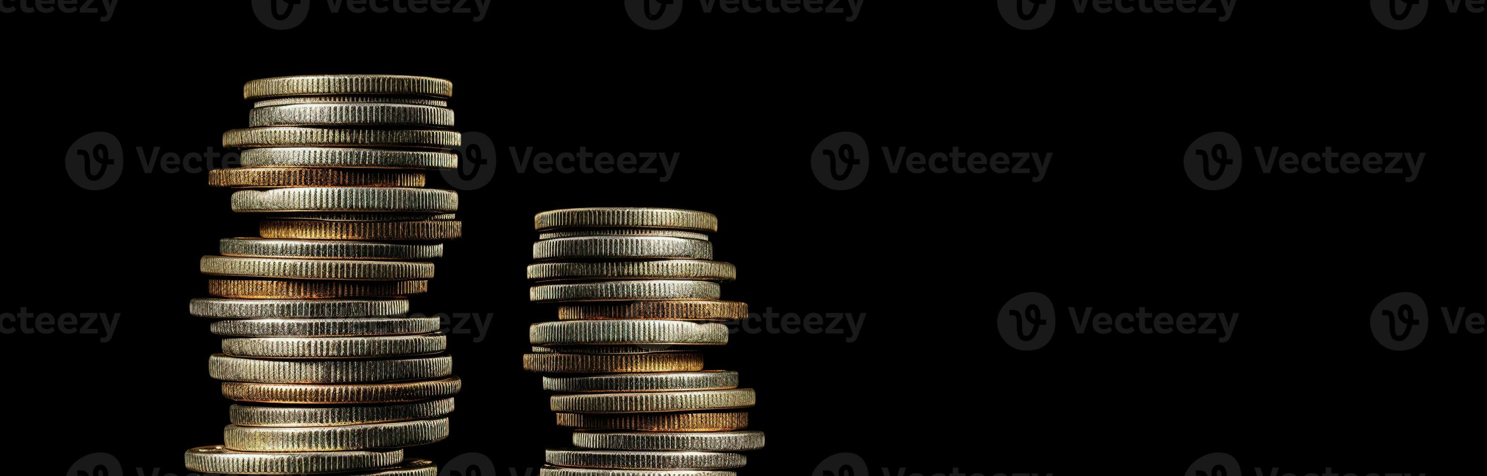 Due pile di monete di diverso altezza su un' nero sfondo. ai generato foto