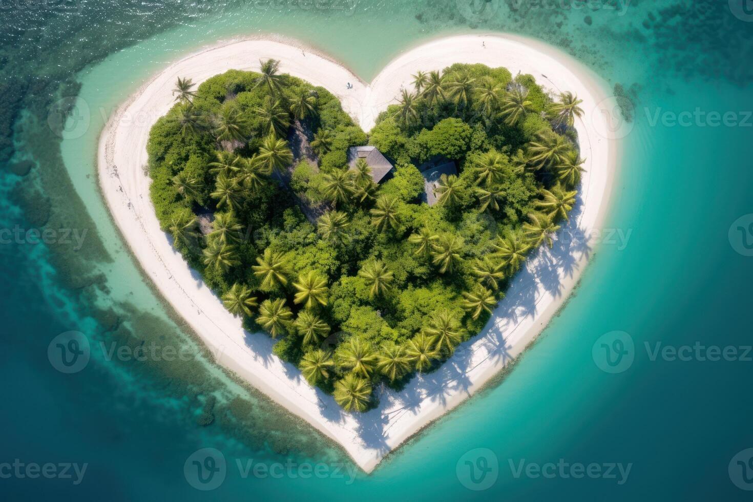 tropicale isola nel il forma di cuore. aereo Visualizza. 3d illustrazione. generativo ai. foto