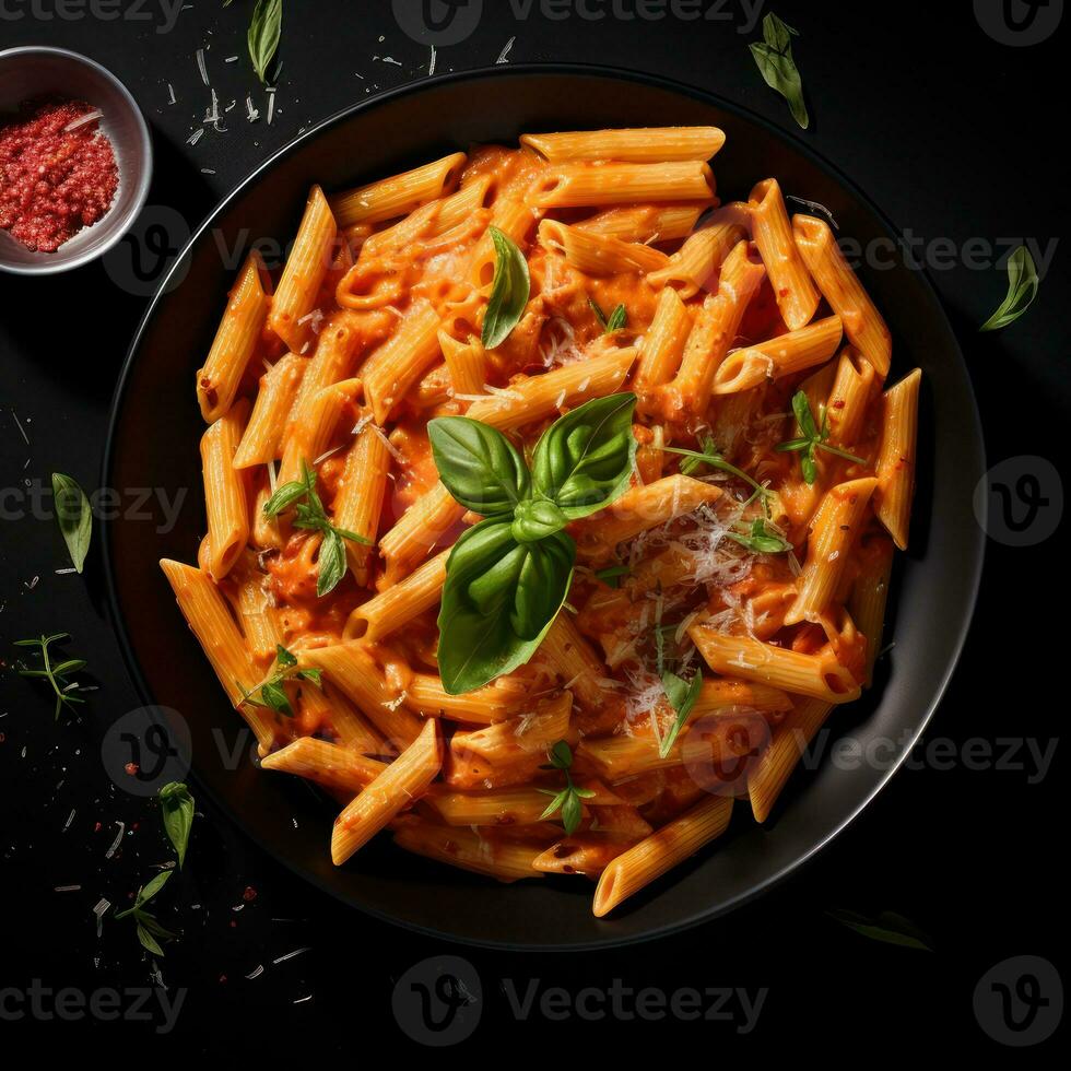 penne pasta con Vodka pomodoro salsa e gamberetto. generativo ai foto