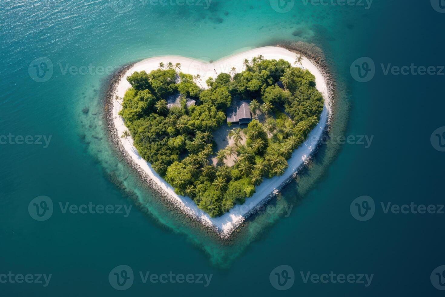 tropicale isola nel il forma di cuore. aereo Visualizza. 3d illustrazione. generativo ai. foto