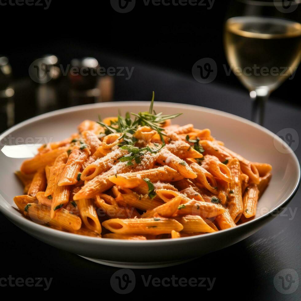 penne pasta con Vodka pomodoro salsa e gamberetto. generativo ai foto