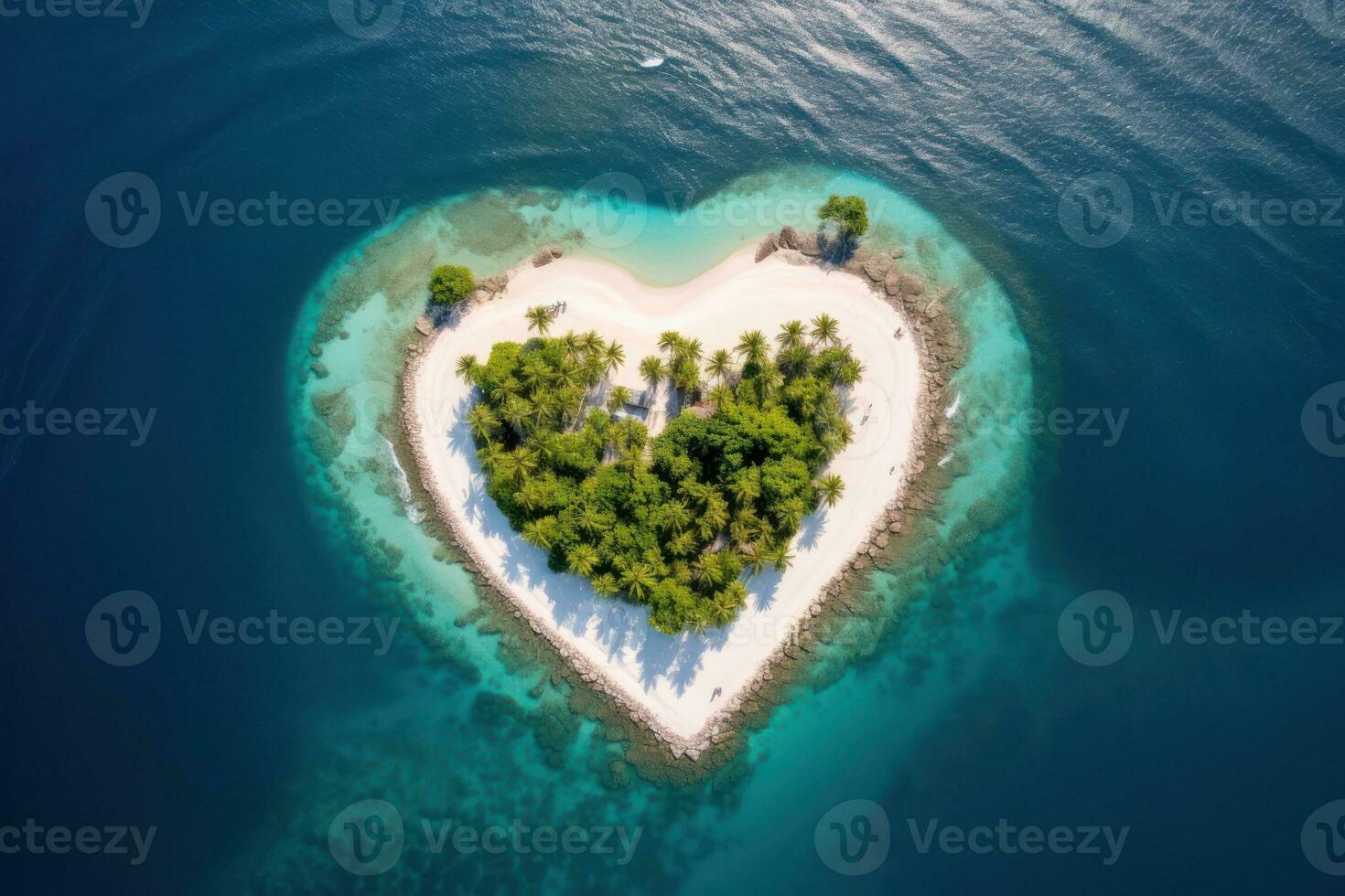 tropicale isola nel il forma di cuore. aereo Visualizza. 3d illustrazione. generativo ai. foto