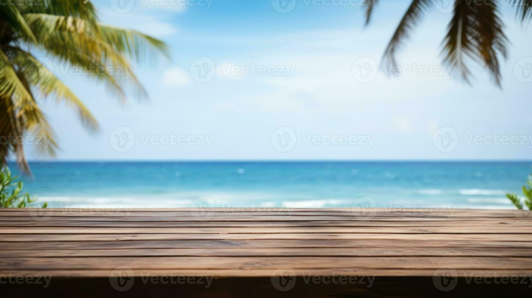 di legno scrivania di gratuito spazio per il tuo decorazione e estate paesaggio di spiaggia. generativo ai. foto