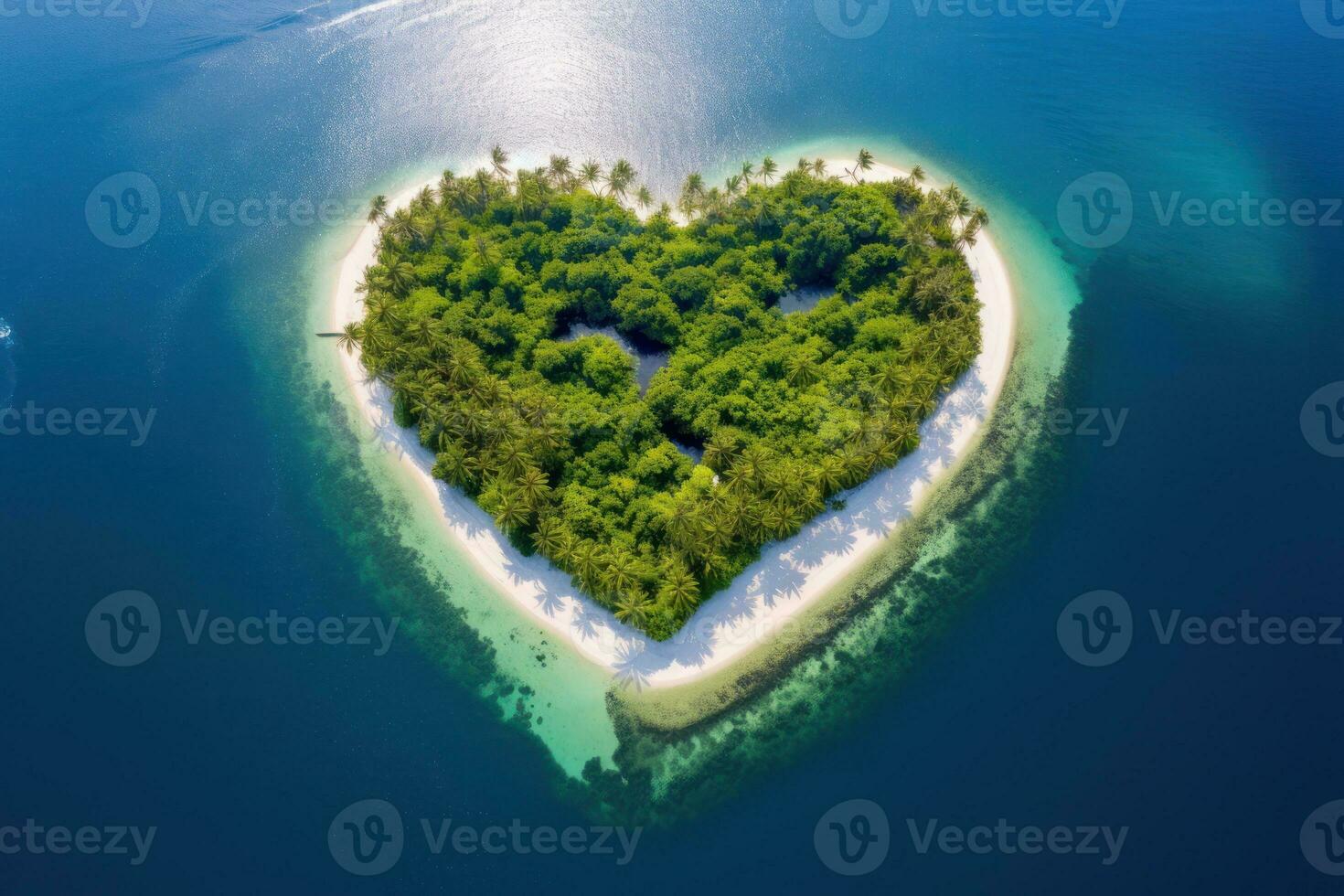 tropicale isola nel il forma di cuore. aereo Visualizza. 3d illustrazione. generativo ai. foto