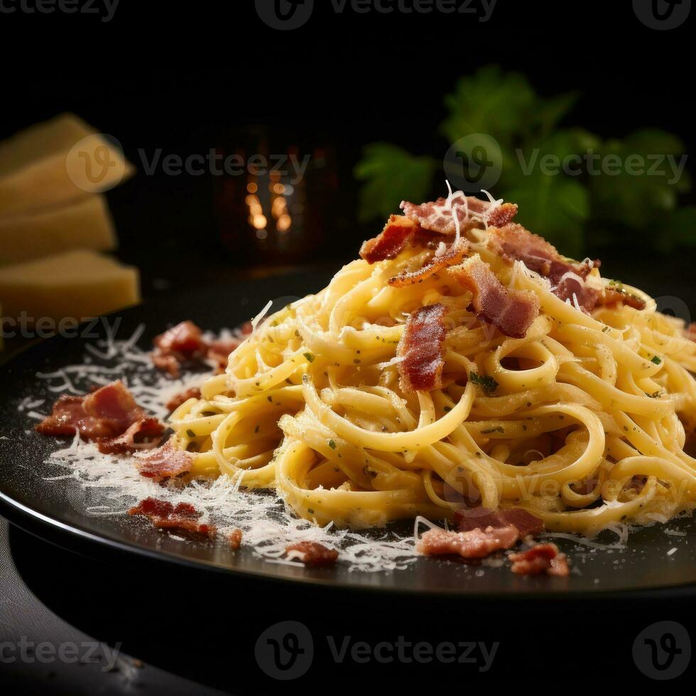 carbonara pasta, spaghetti con pancetta, uovo, difficile parmigiano formaggio e crema salsa. tradizionale italiano cucina. pasta alla carbonara. generativo ai. foto