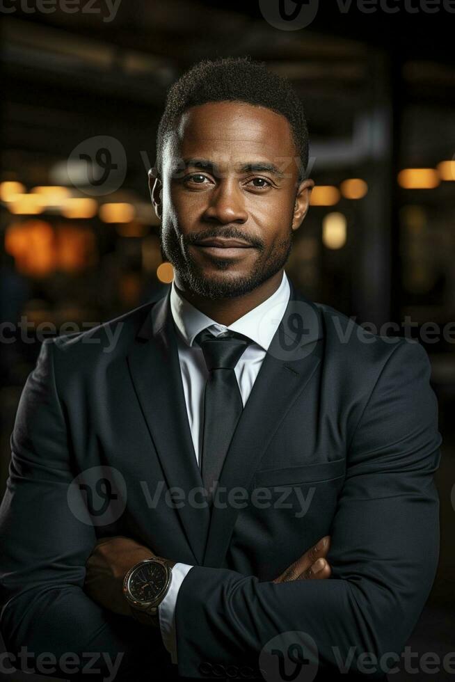 fiducioso giovane africano americano uomo d'affari in piedi nel il ufficio, creato con generativo ai foto