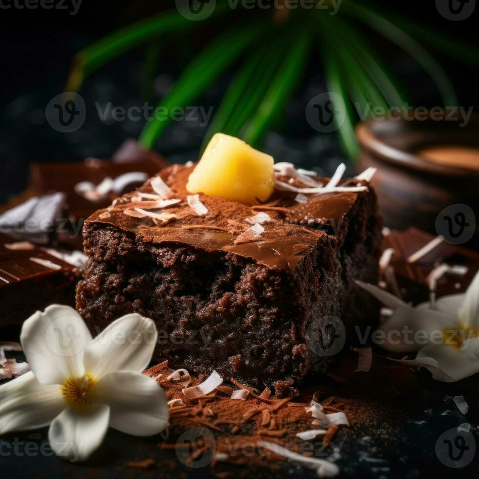 salutare paleo stile glutine gratuito brownies fatto con dolce Patata e Noce di cocco Farina su un' di legno tavolo, selettivo messa a fuoco. generativo ai. foto