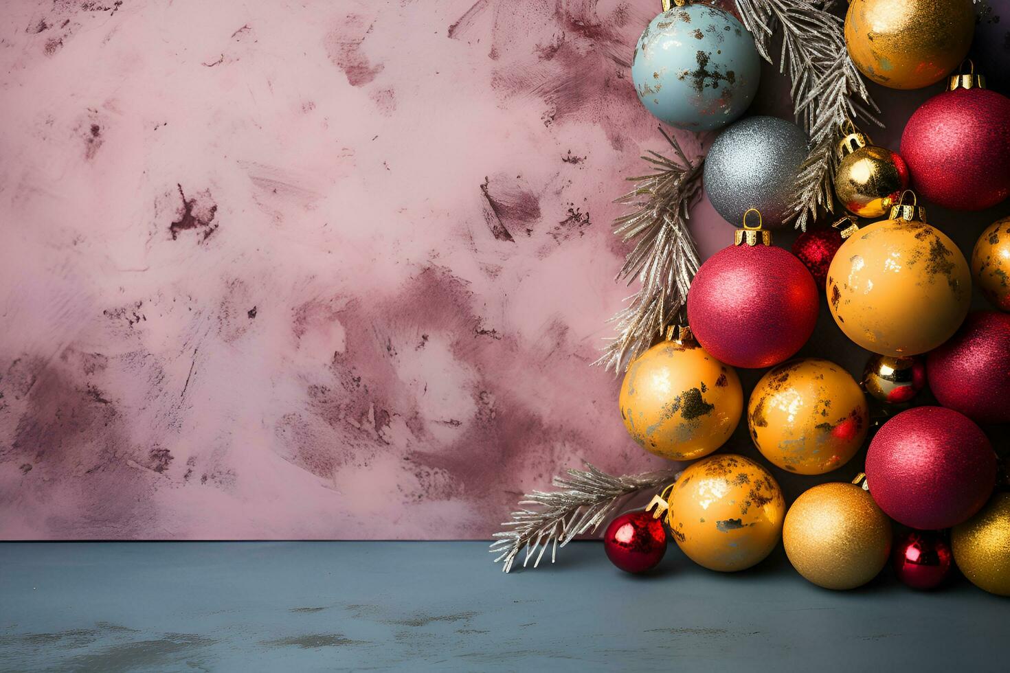 Natale decorazione su grunge decorativo rosa pastello stucco parete. regalo scatole con copia spazio. generativo ai illustrazione foto