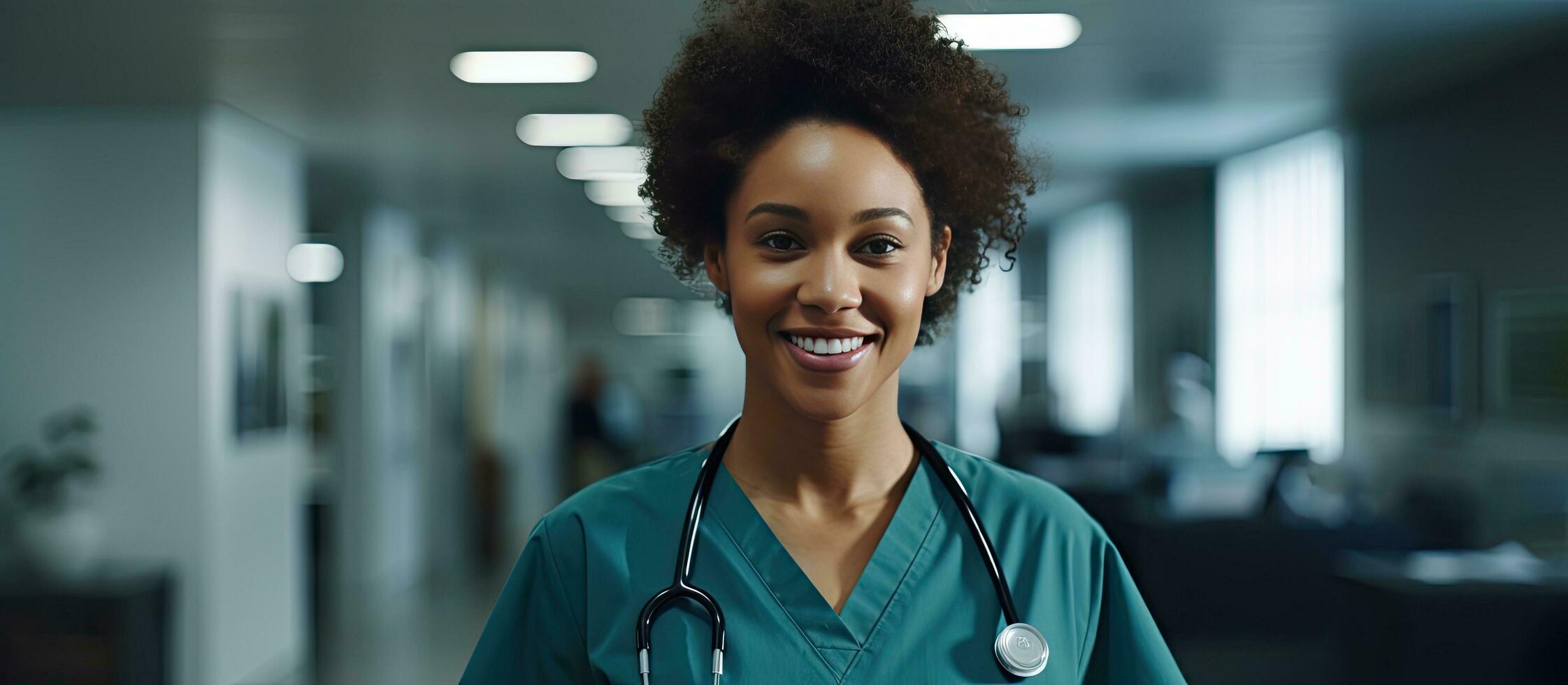 sorridente birazziale femmina assistenza sanitaria lavoratore nel ospedale corridoio Aperto la zona per copia medico Servizi foto