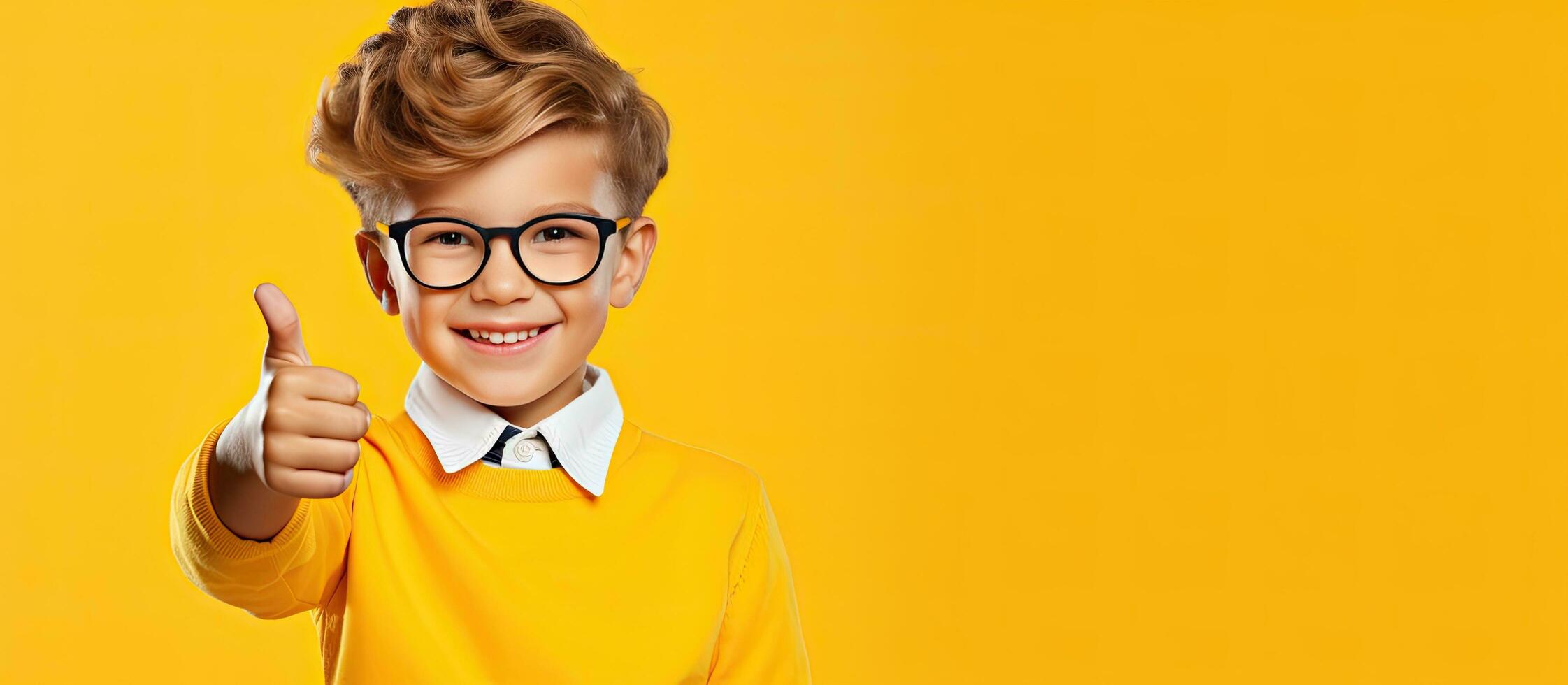 ragazzo nel casuale Abiti con libri puntamento a vuoto spazio sorridente isolato su giallo foto