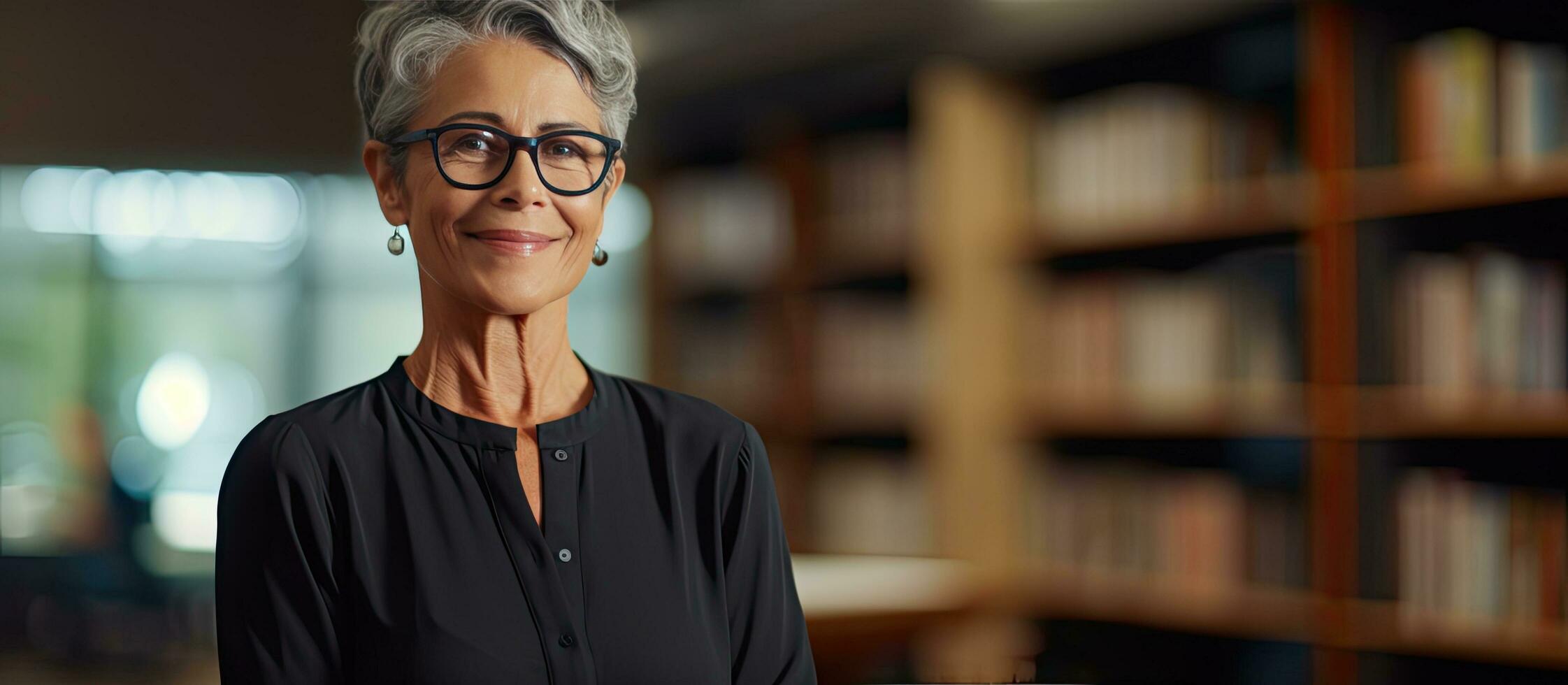 anziano bibliotecario pensiero mentre guardare a un' bellissimo maturo donna nel il biblioteca lettura sala foto