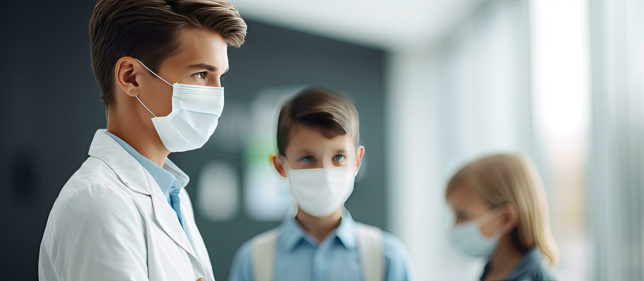 giovane maschio medico parla per ragazzo nel linea a medico clinica tutti e due indossare maschere vuoto la zona foto
