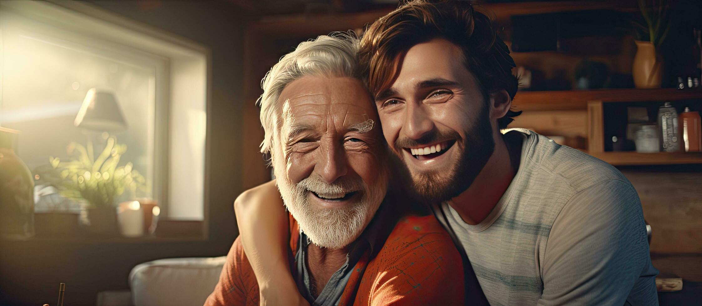 adulto fricchettone figlio e vecchio anziano padre godendo tempo insieme a casa bonding al di sopra di loro barbe e condivisione sorrisi felicemente festeggiare padre S giorno su foto