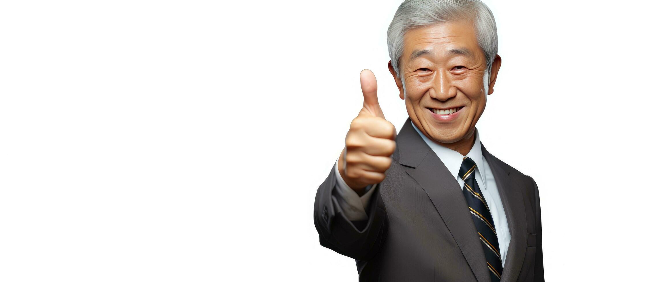 anziano asiatico uomo d'affari lieta e salutare mostrando un vuoto spazio per promozione su un' bianca sfondo foto