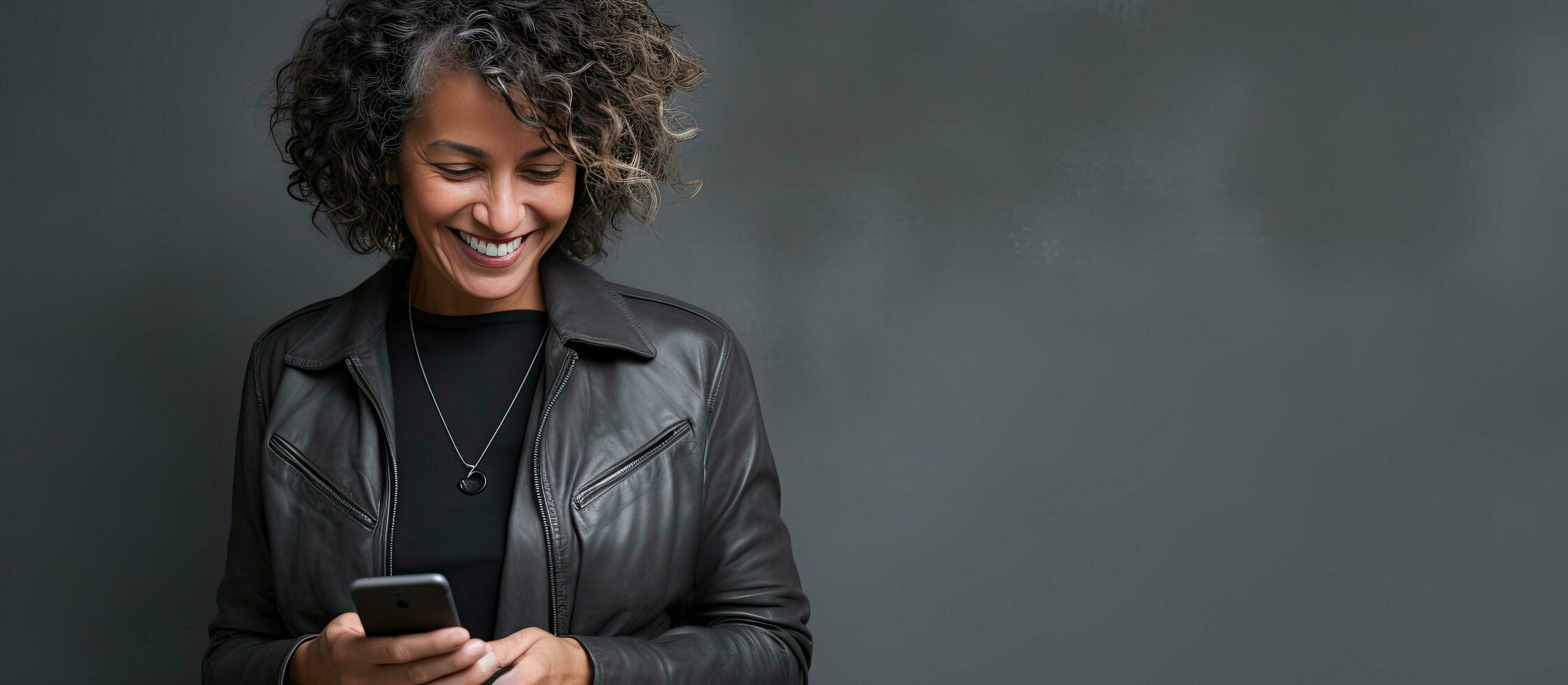 allegro mezzo anziano signora digitando su cellulare al di sopra di grigio sfondo isolato con copia spazio foto